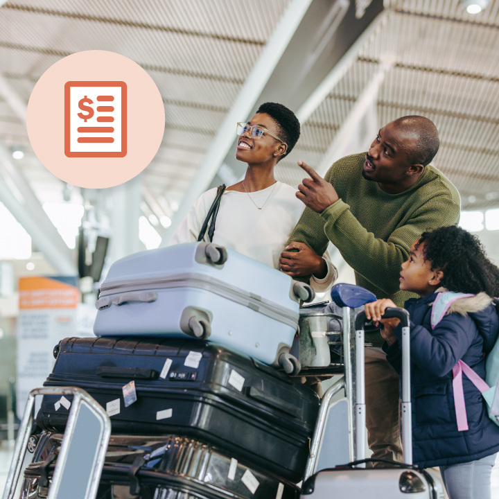 A family with luggage at an airport, with a financial icon on the left.